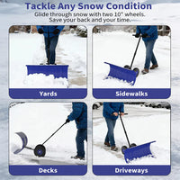 Garvee 29 Inch Snow Pusher with Wheels Rolling Snow Shovel Heavy Duty Steel Blade Adjustable Handle for Garden Paths and Driveways Black