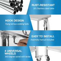 Garvee 91×61×89 cm Stainless Steel Kitchen Prep Table Silver Arc Edge with hook Wheels Backsplash