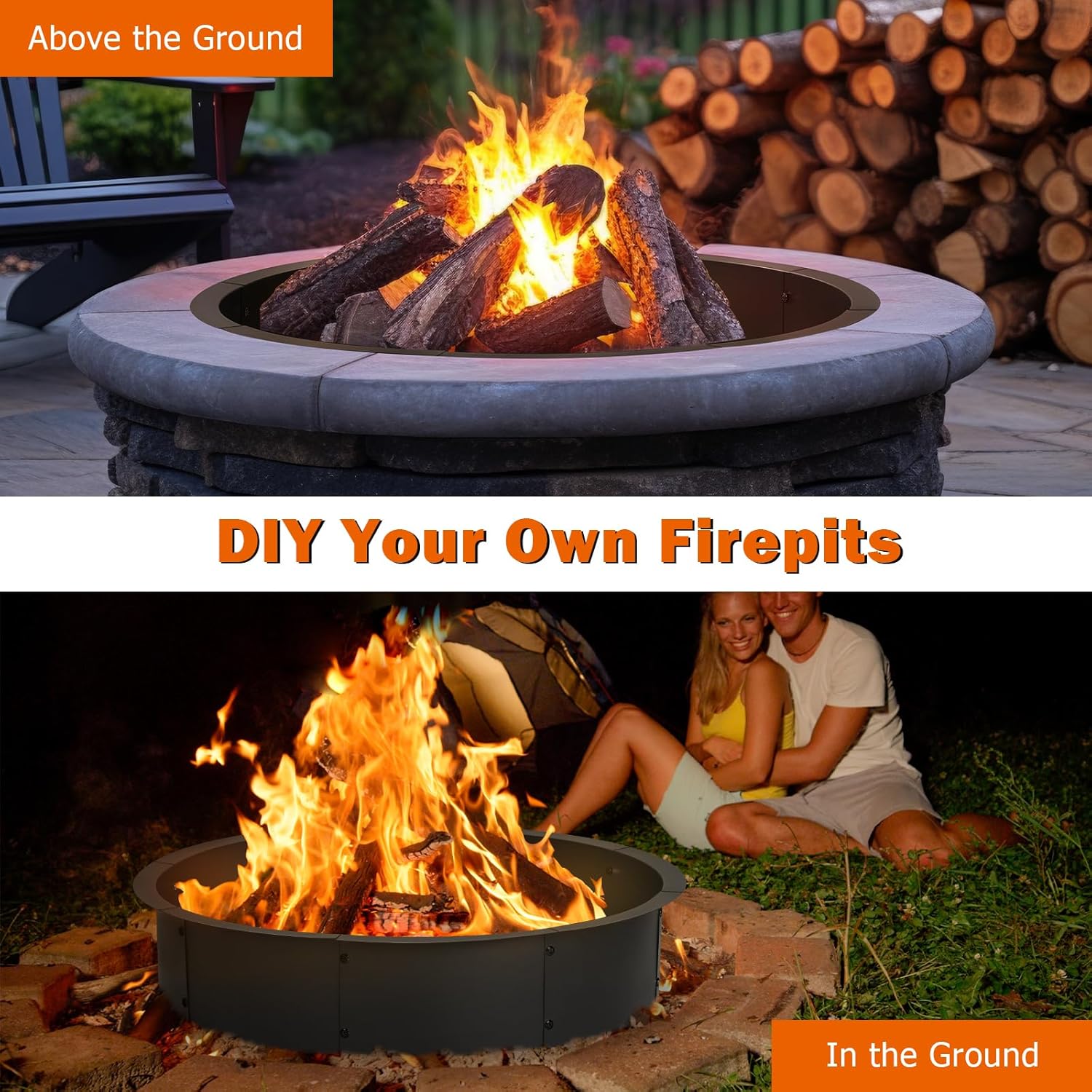 Garvee 48-Inch Smokeless Fire Pit Ring, Easy Install Iron Panels, Rust-Proof Painted Steel, Freestanding or In-Ground Use, Outdoor Camping