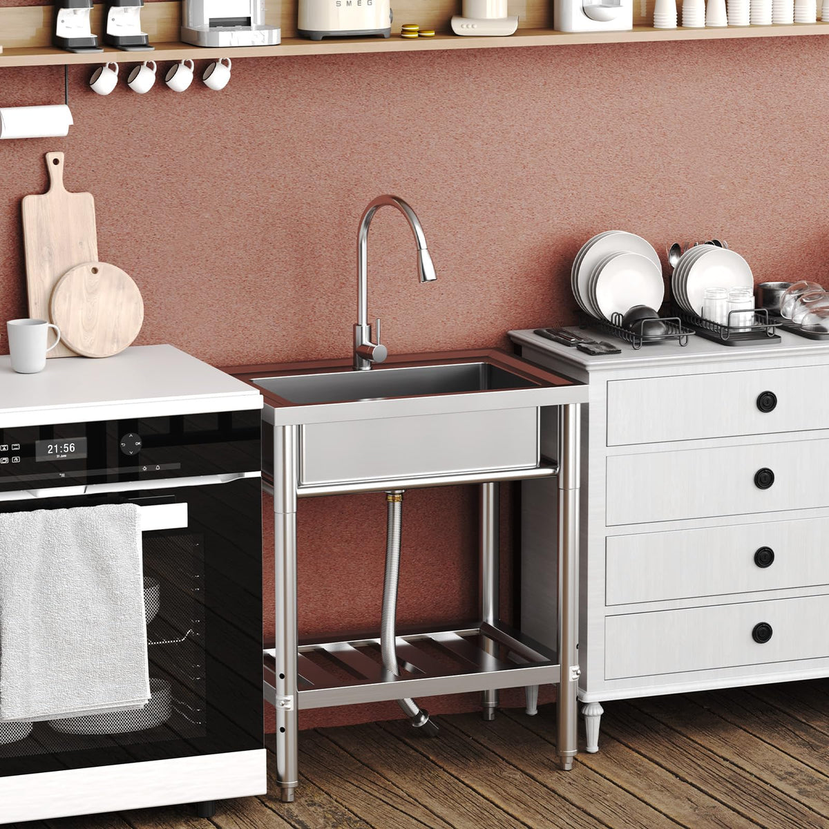 Garvee Silver Stainless Steel Freestanding Single Bowl Utility Sink 71 x 51 x 86 cm Commercial Catering Kitchen Basin with 360 Degree Swivel Tap and Adjustable Legs