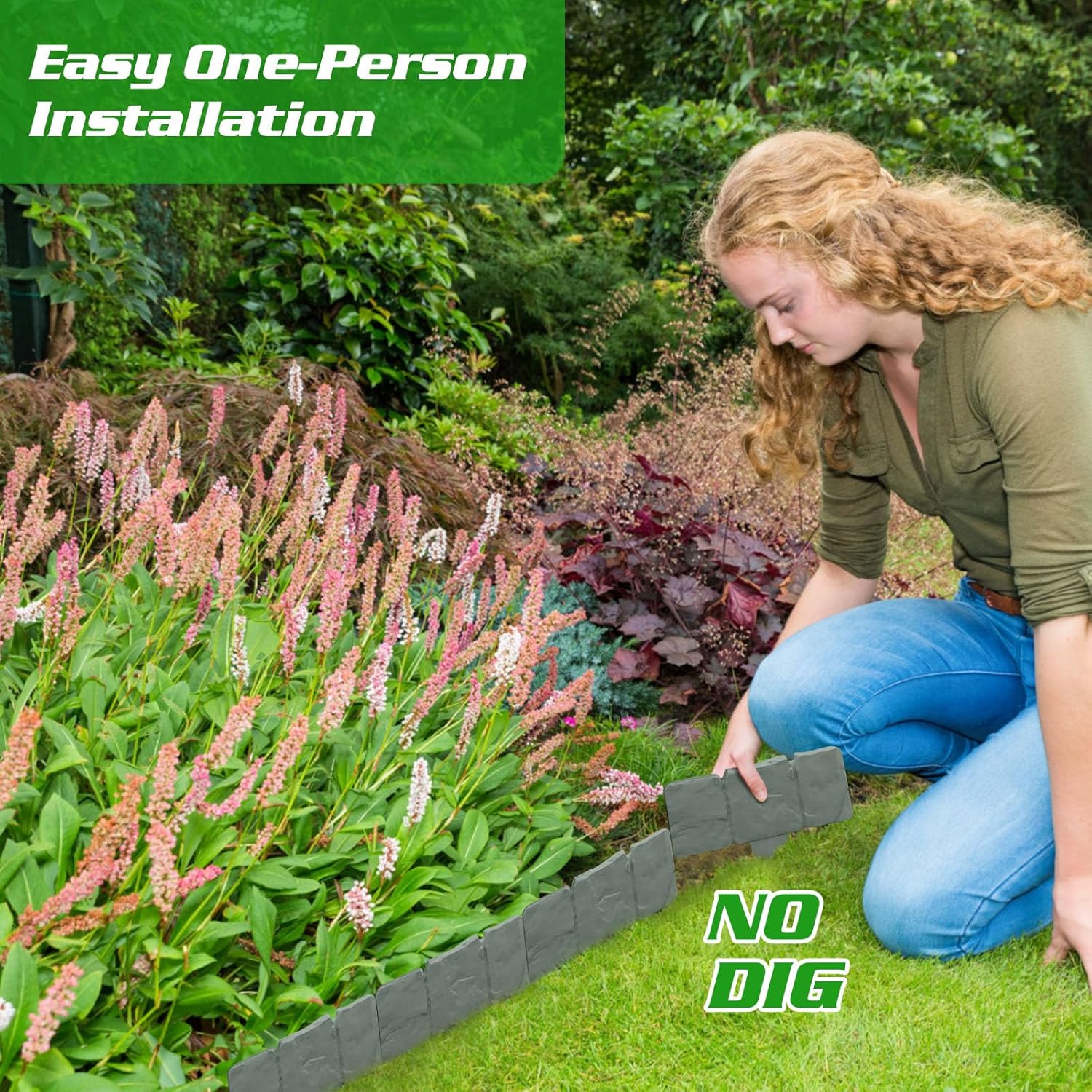 Garvee 10pcs Garden Landscape Edging Border Grey Plastic Interlocking Picket Fence Decorative Flower Bed Path Edging for Outdoor Lawn and Patio
