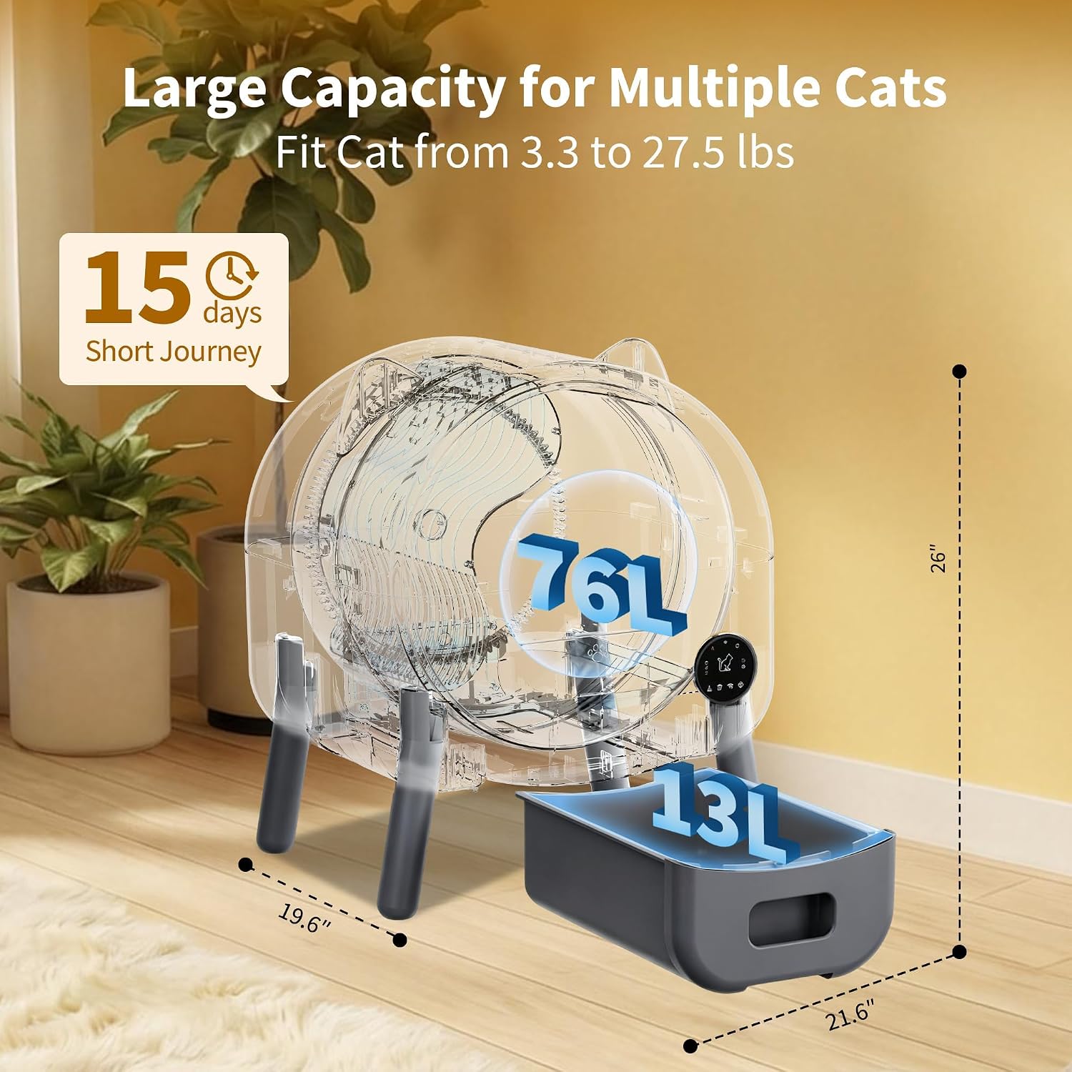 GARVEE Self Cleaning Cat Litter Tray, 76L Extra Large Automatic Litter Tray for Multi-Cats with App Control, Odour Freshener & Washable Box Keep Cat Litter Ever Clean