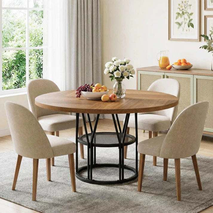 Garvee Space Saving 120 cm Round Wooden Dining Table Modern Kitchen Dinner Table Freestanding Small Space Wooden Furniture Table Only Brown