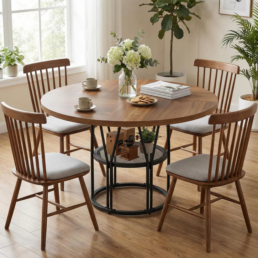 Garvee Space Saving 120 cm Round Wooden Dining Table Modern Kitchen Dinner Table Freestanding Small Space Wooden Furniture Table Only Brown