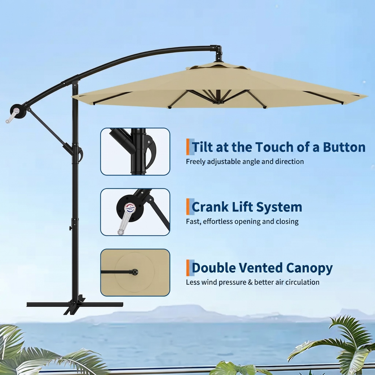 Garvee Diameter 300 cm Khaki Aluminium 360 Degree Rotating Cantilever Parasol with Crank Adjustable Tilt Cross Base and UV50 Protection for Garden Patio