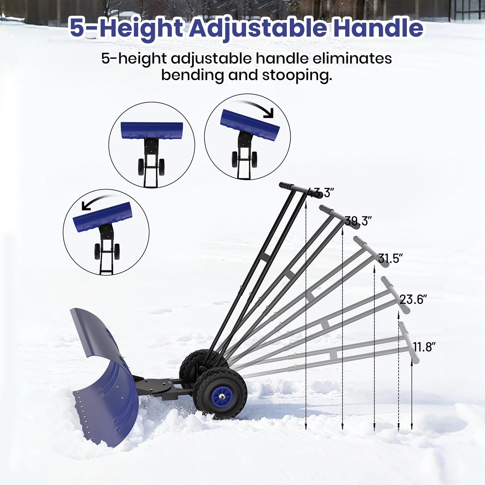 Garvee 36 Inch Snow Pusher with Wheels Heavy Duty Rolling Snow Shovel Adjustable Metal Blade for Driveway and Pavement