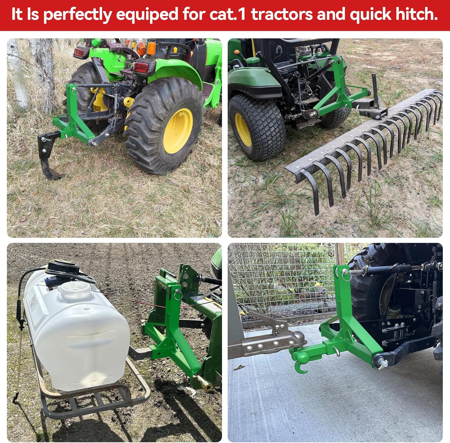 Garvee Green 3-Point Hitch Receiver Category 1 Heavy-Duty Tractor Attachment with 5 cm Trailer Hitch Receiver for Compact and Sub-Compact Tractors