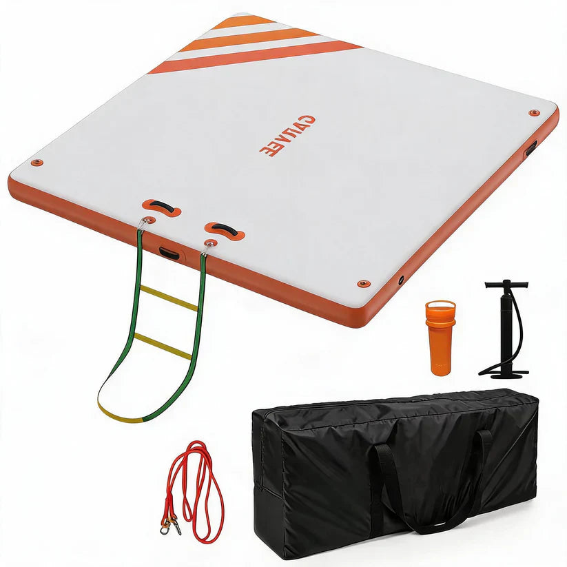 Garvee Orange 180 x 150 cm Inflatable Floating Dock Pontoon Swim Platform with Non Slip EVA Pad Electric Air Pump and Rope Ladder for Lake Pool and Beach