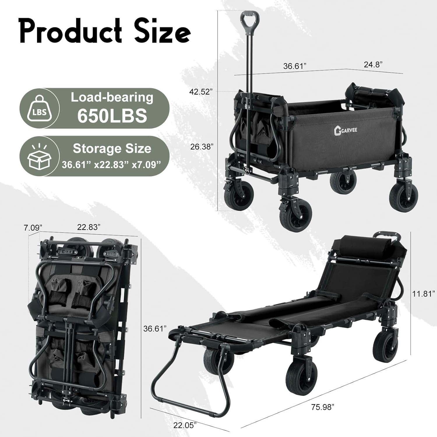 Garvee Black 2 in 1 Foldable Festival Trolley Camping Wagon 295 kg  Capacity Converts to Bench Seat and Lounge Chair with Adjustable Handle All Terrain Wheels and Carbon Steel Frame