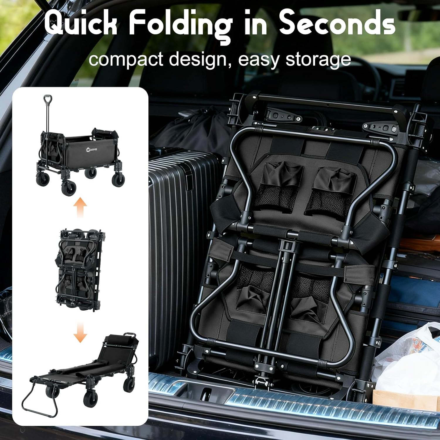 Garvee Black 2 in 1 Foldable Festival Trolley Camping Wagon 295 kg  Capacity Converts to Bench Seat and Lounge Chair with Adjustable Handle All Terrain Wheels and Carbon Steel Frame