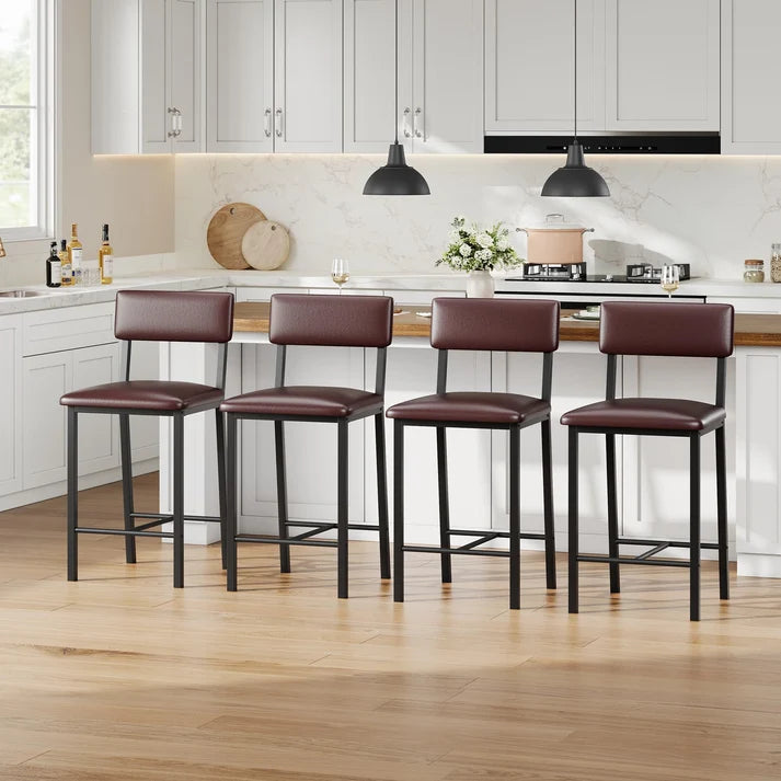 GARVEE Set of 4 Bar Stools 64cm Counter Height Upholstered PU Leather Barstools with Backrest Footrest Metal Frame for Kitchen Island Brown