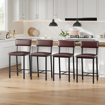 GARVEE Set of 4 Bar Stools 64cm Counter Height Upholstered PU Leather Barstools with Backrest Footrest Metal Frame for Kitchen Island Brown