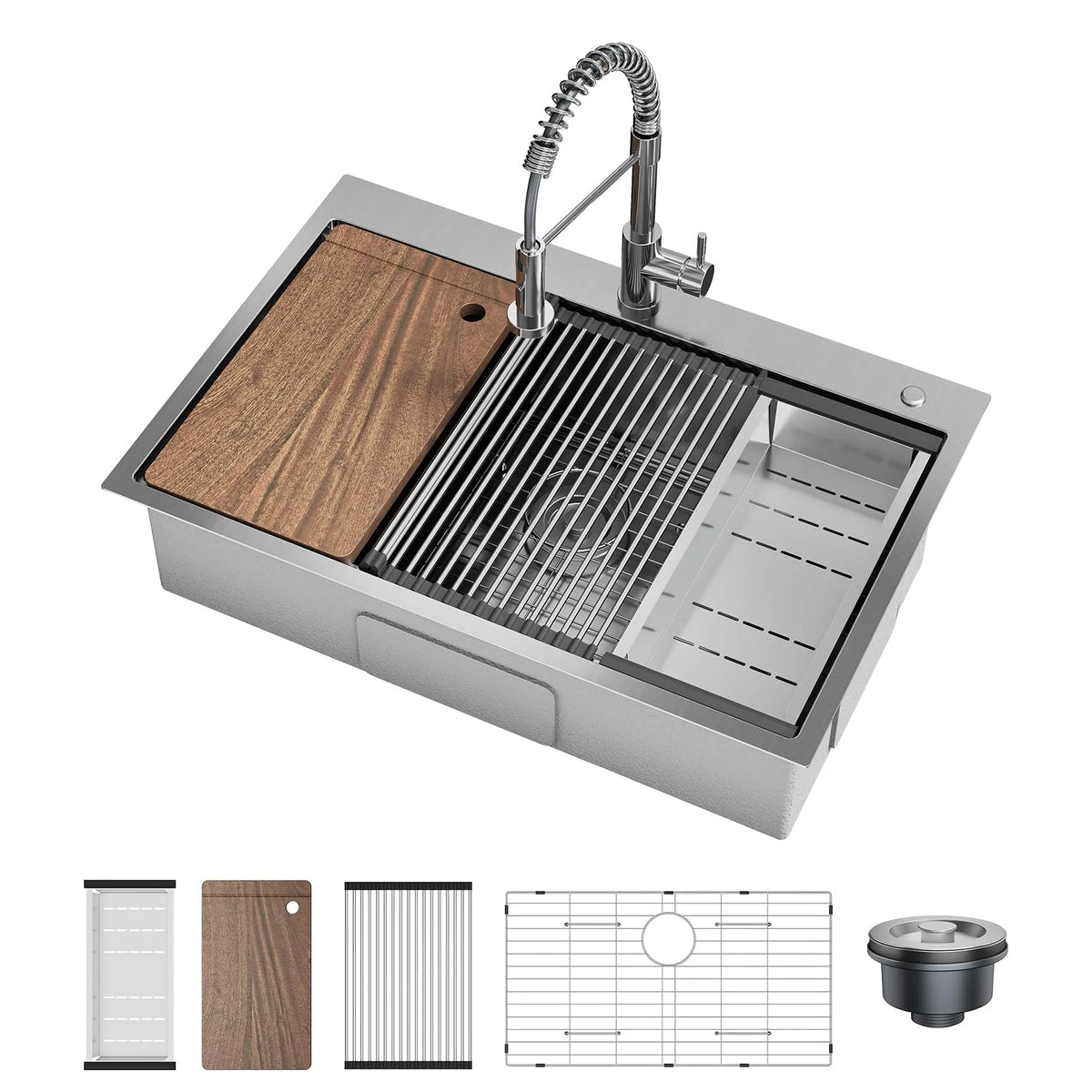 Garvee 84×56 cm Stainless Steel Drop-In Workstation Kitchen Sink with Pull Down Spring Tap and Accessories, Silver