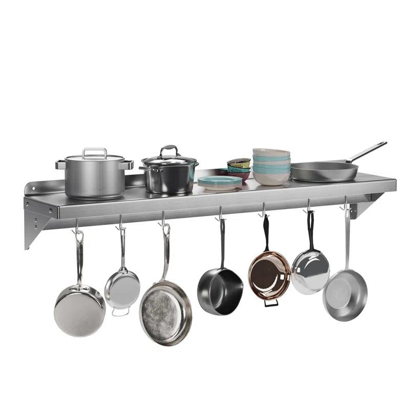 Garvee 152x30cm Wall Mounted Kitchen Shelf with Upstand – Heavy Duty Stainless Steel Storage Rack with 7 Hooks – For Home & Commercial Catering