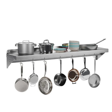 Garvee 152x30cm Wall Mounted Kitchen Shelf with Upstand – Heavy Duty Stainless Steel Storage Rack with 7 Hooks – For Home & Commercial Catering