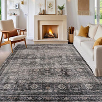 Garvee 200x290 cm Oriental Washable Area Rug Vintage Oriental Floral, Low Pile Soft Pearl Velvet, Non-Slip TPR Backing, Stain-Resistant Polyester, Foldable for Living Room Bedroom Green Camel