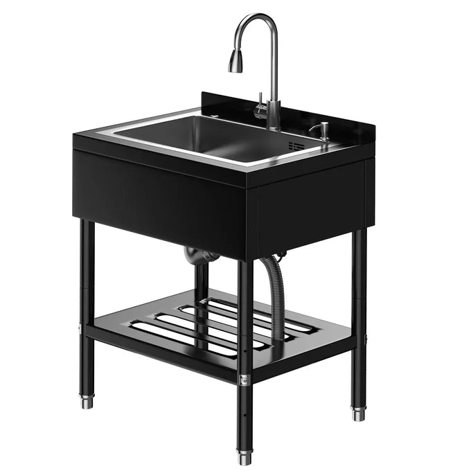 GARVEE 65 × 52 × 100 cm Stainless Steel Utility Sink Freestanding Laundry Basin Cabinet with Tap Drain Hose Kit for Garage Kitchen Bathroom Laundry Room Silver