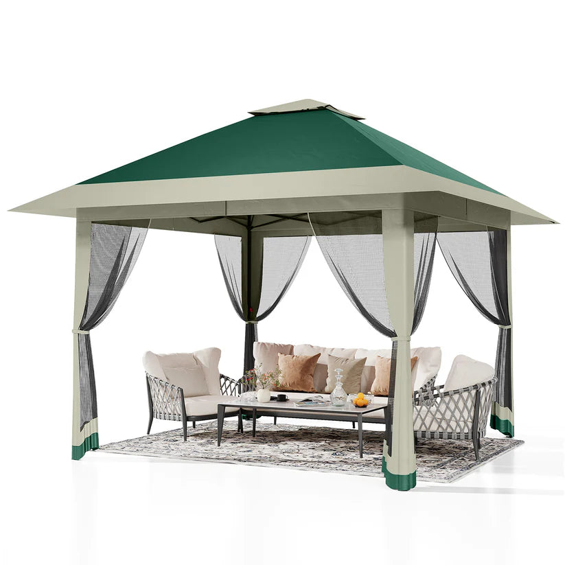 Garvee 396 x 396cm Canopy Tent Pop Up Gazebo With Mosquito Netting And Adjustable Height For Backyard Parties Green