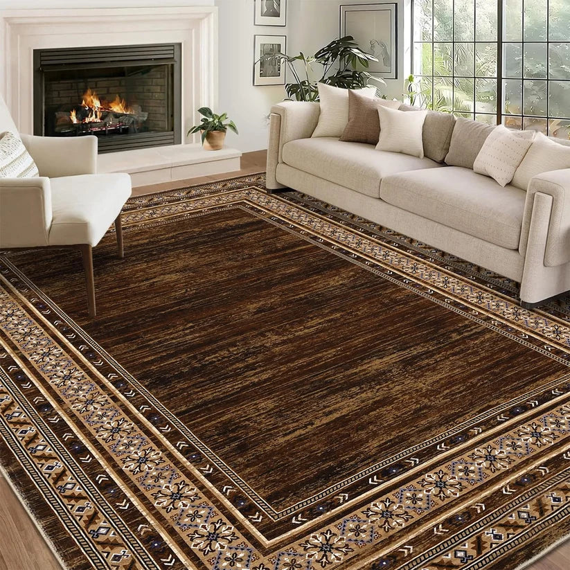Garvee 240 × 340 cm Red-Brown Washable Bordered Area Rug, Non Slip Low Pile Non Shedding Rug, Modern Distressed Geometric Rug for Living Room Dining Room Bedroom