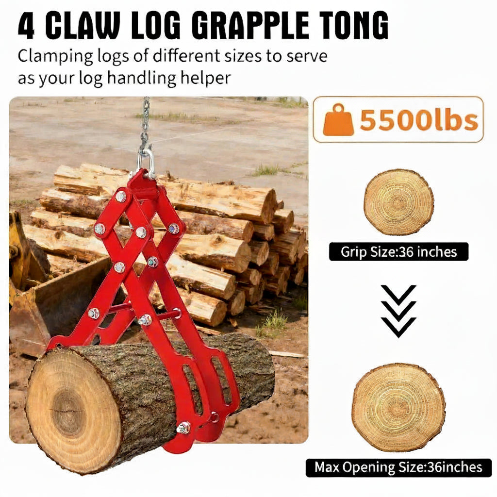 GARVEE 91cm (36 in) Log Lifting Tongs 4 Claw Heavy Duty Solid Steel Swivel Timber Grapple Hook Skidding Tongs for Tractor, ATV, Skid Steer & Forestry 2500kg Capacity