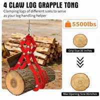 GARVEE 91cm (36 in) Log Lifting Tongs 4 Claw Heavy Duty Solid Steel Swivel Timber Grapple Hook Skidding Tongs for Tractor, ATV, Skid Steer & Forestry 2500kg Capacity