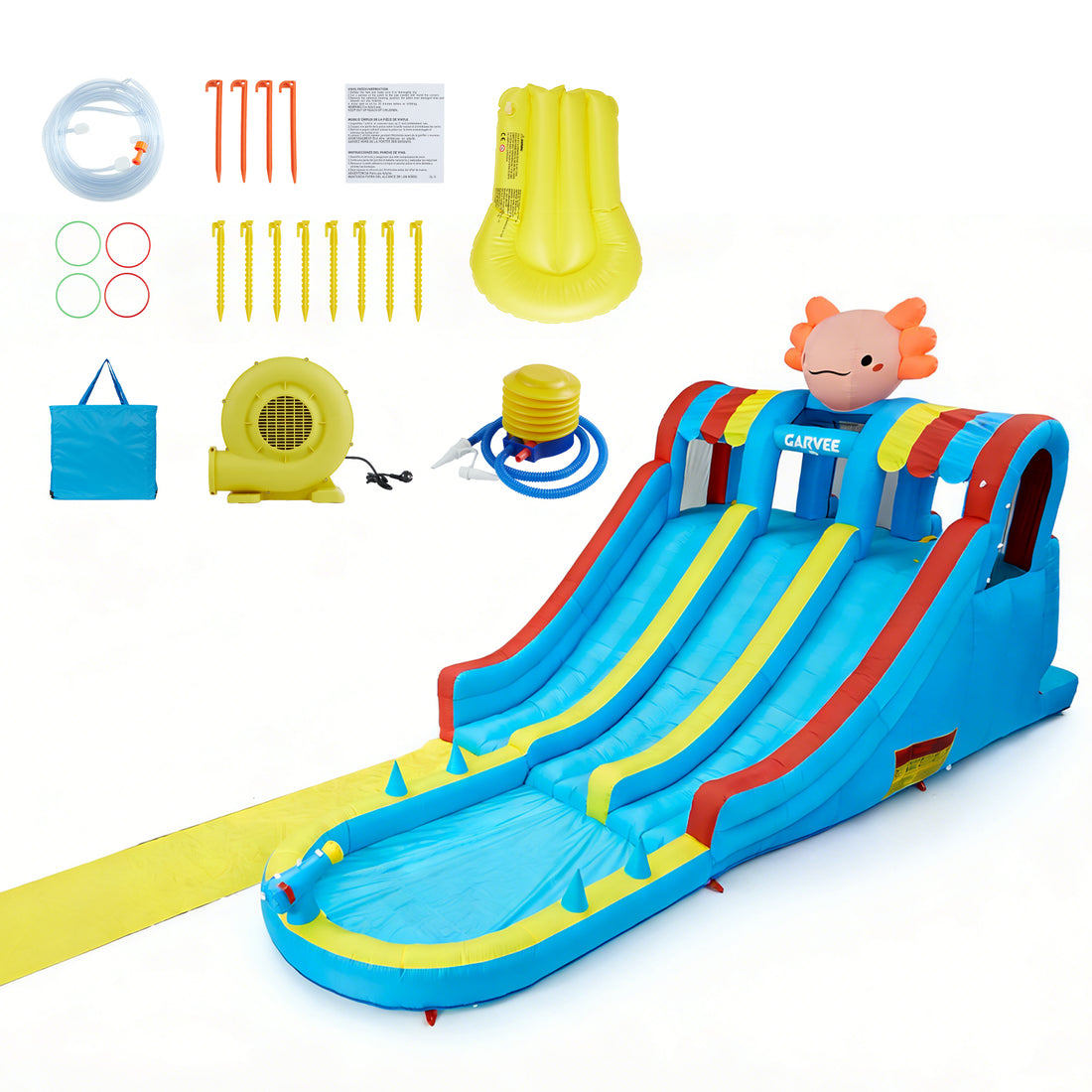 Garvee 8-in-1 Inflatable Water Slide Park, Hexagonal Dragon Kids Bounce House with 550W Blower, UK Plug
