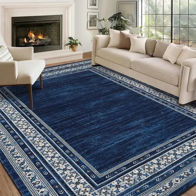 Garvee 200 × 290 cm Navy Blue Washable Bordered Area Rug, Non Slip Low Pile Non Shedding Rug, Modern Distressed Geometric Rug for Living Room Dining Room Bedroom