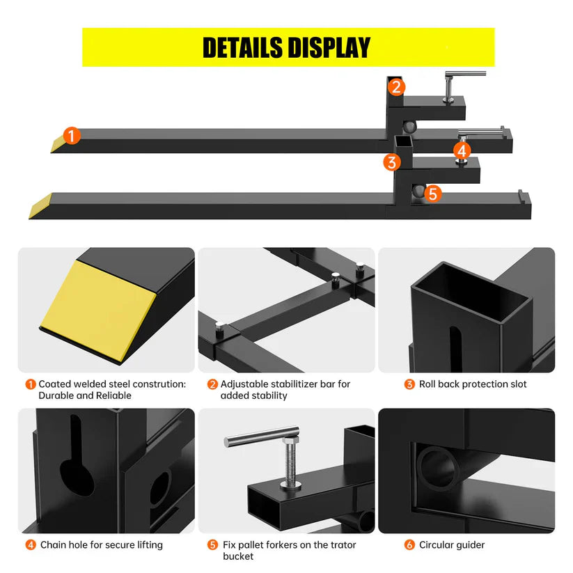 Garvee 109cm Clamp-On Pallet Forks (1100kg) – Heavy Duty Tractor Front Loader Attachment with Adjustable Stabiliser Bar – Quick Attach for Skid Steers