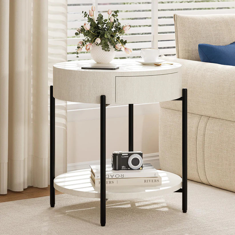 Garvee Vintage Farmhouse Round Side Table Bedside Table with Drawer and Sturdy Metal Legs Wood Accent Furniture for Living Room Bedroom and Home Office - Antique White
