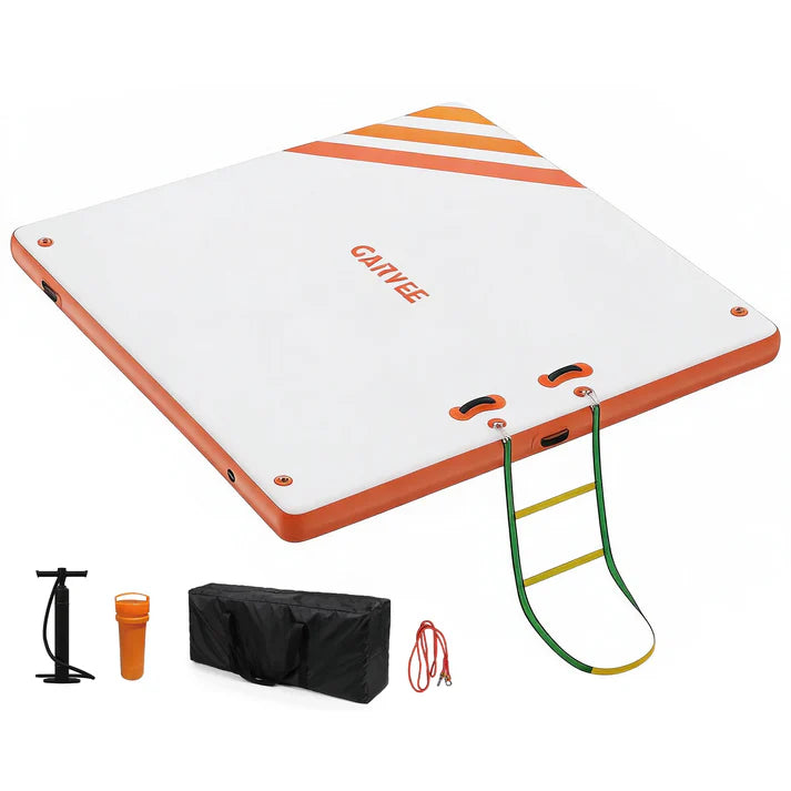 Garvee Orange 180 x 150 cm Inflatable Floating Dock Pontoon Swim Platform with Non Slip EVA Pad Electric Air Pump and Rope Ladder for Lake Pool and Beach
