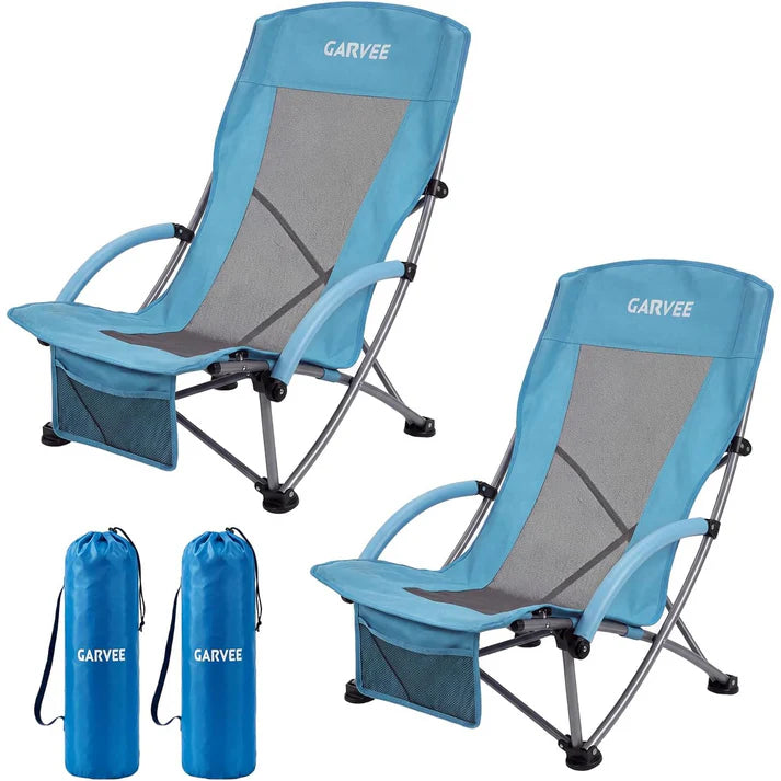 Garvee Blue Set of 2 Folding Beach Chairs 150 kg Heavy Duty Collapsible Deck Chairs with Backpack Straps and Cup Holder for Outdoor Camping