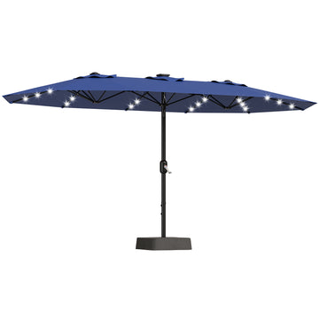 Garvee 4.57m 15ft Rectangular Solar Parasol with LED Lights and Base Included Large Garden Umbrella Crank Handle UV Protection for Patio Backyard Deck Poolside,Navy Blue