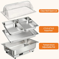Garvee Electric Chafing Dish Buffet Server Set 9QT Capacity 600W with Roll Top Transparent Lid Adjustable Temperature Control 86 F to 200 F One Full Size and Two Half Size Food Pans for Commercial Catering,Parties and Events