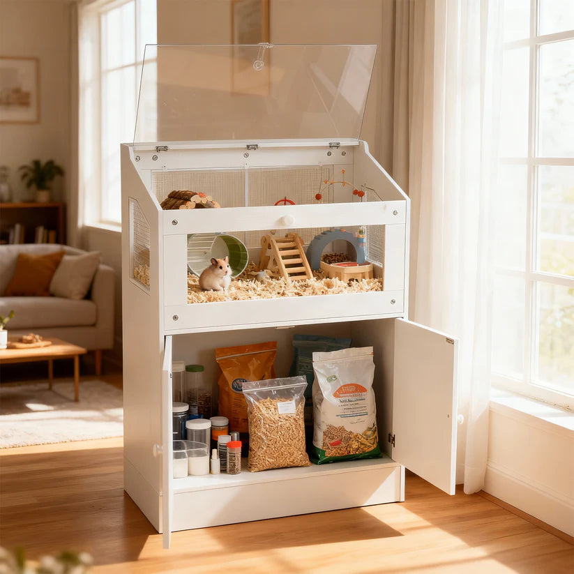 Garvee Clear Hamster Cage with Storage Cabinet Acrylic Panels Ventilated Small Animal Enclosure for Hamsters Hedgehogs and Small Pets 80x40x108 cm