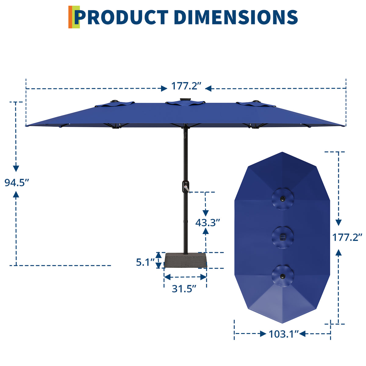Garvee 4.57m 15ft Rectangular Solar Parasol with LED Lights and Base Included Large Garden Umbrella Crank Handle UV Protection for Patio Backyard Deck Poolside,Navy Blue