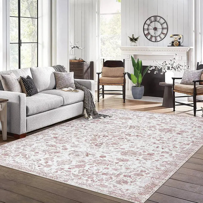 GARVEE 120x170cm Washable Area Rug Non-Slip Vintage Oriental Carpet Soft Modern Boho Stain Resistant Mat for Living Room Bedroom,Pink