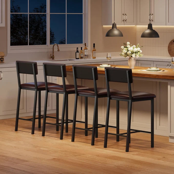 GARVEE Set of 4 Bar Stools 64cm Counter Height Upholstered PU Leather Barstools with Backrest Footrest Metal Frame for Kitchen Island Brown