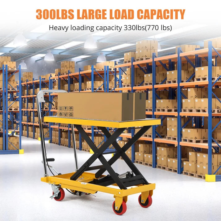 GARVEE 150kg Hydraulic Lift Table Cart Heavy Duty Single Scissor Lift Trolley 72cm Height Industrial Material Handling with Locking Wheels & Non-Slip Pad Yellow