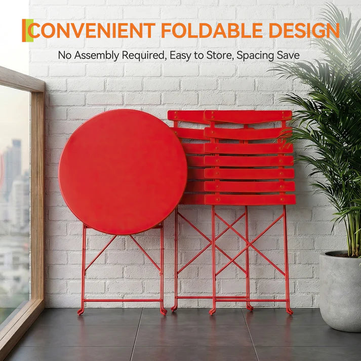 Garvee Red Foldable Metal Garden Bistro Set 3 Piece Table and Chairs Outdoor Furniture No Assembly Required for Balcony Patio and Terrace
