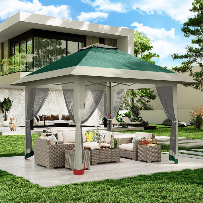 Garvee 396 x 396cm Canopy Tent Pop Up Gazebo With Mosquito Netting And Adjustable Height For Backyard Parties Green