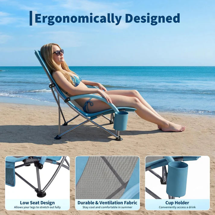 Garvee Blue Set of 4 Folding Beach Chairs 150 kg Heavy Duty Collapsible Deck Chairs with Backpack Straps and Cup Holder for Outdoor Camping