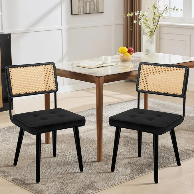GARVEE Set of 2 Scandi Black Velvet Dining Chairs Rattan Cane Backrest Upholstered Padded Seat Wooden Legs Kitchen Living Room Furniture