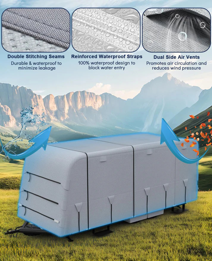 Garvee Heavy-Duty 4-Layer Caravan Cover(18-20ft) – Waterproof & Rip-Stop Breathable Winter Cover – Includes Hitch Cover & Gutter Protectors – Grey