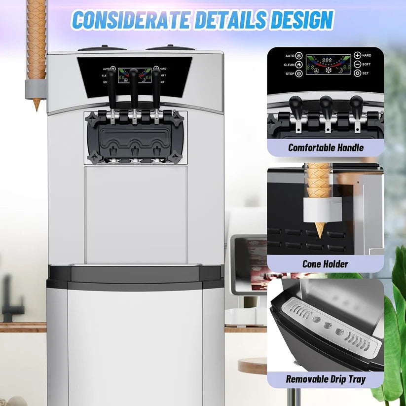Garvee 2200W Commercial Soft Serve Ice Cream Machine | 30L/h High Yield, 3-Flavor Twist, Overnight Pre-Cooling (UK 3-Pin Plug)