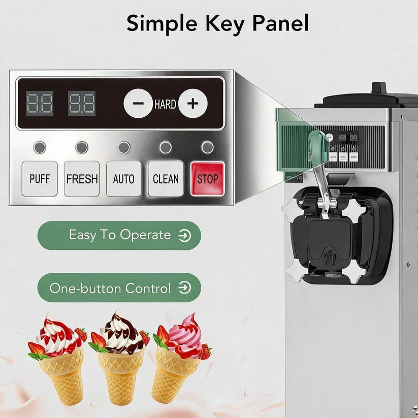 Garvee 1100W Commercial Soft Serve Ice Cream Machine Compact 22L/h High Yield, 7L Hopper, Pre-Cooling (UK 3-Pin Plug, 220V)