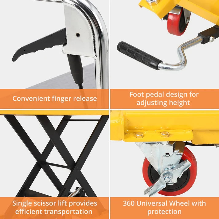 GARVEE 150kg Hydraulic Lift Table Cart Heavy Duty Single Scissor Lift Trolley 72cm Height Industrial Material Handling with Locking Wheels & Non-Slip Pad Yellow