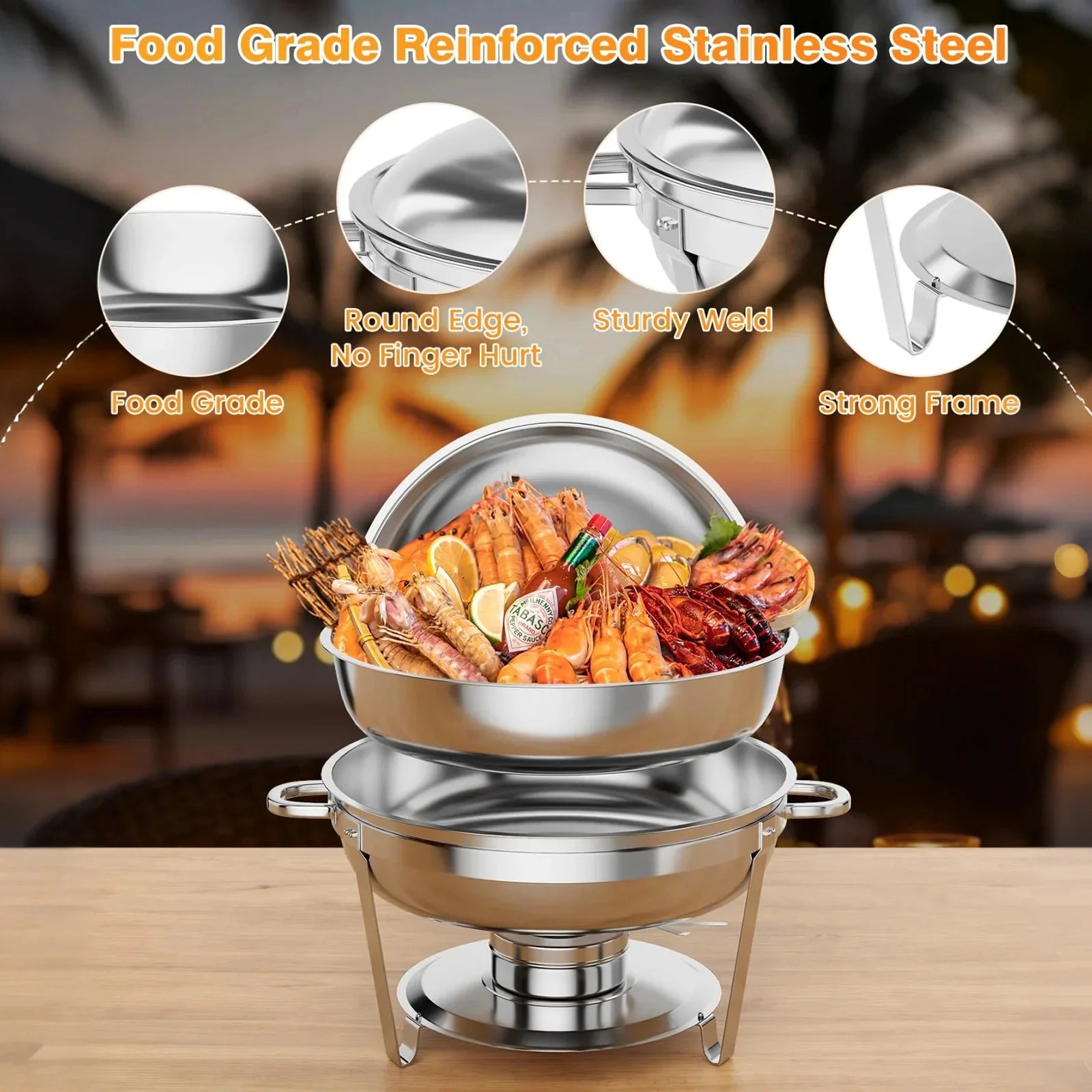 Garvee 4.7L Chafing Dish Buffet Set of 4 Pack, Round Stainless Steel Food Warmers Buffet Servers Sets, Chafer with Food & Water Pan, Lid, Frame, Fuel Holder for Catering and Parties