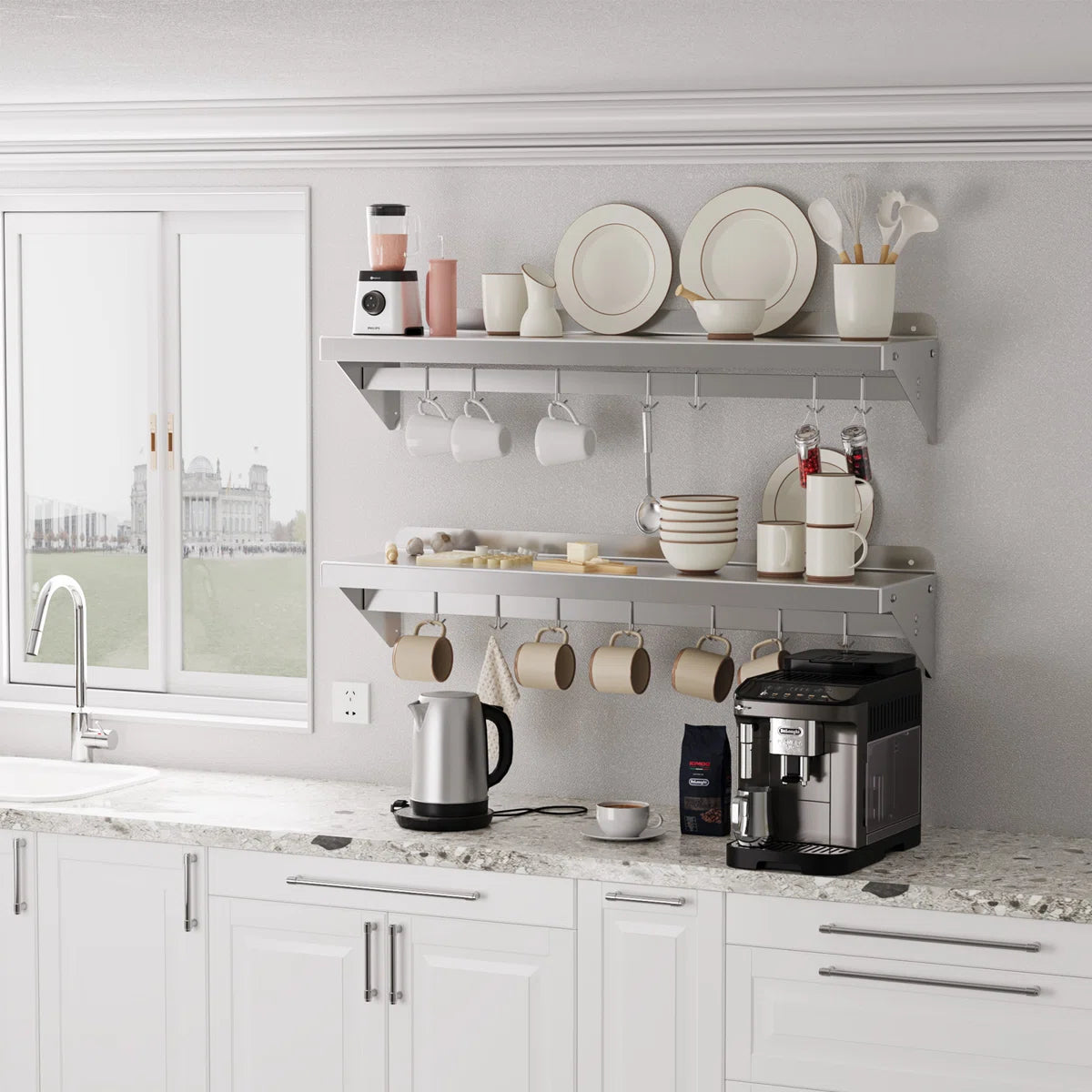 Garvee 152x30cm Wall Mounted Kitchen Shelf with Upstand – Heavy Duty Stainless Steel Storage Rack with 7 Hooks – For Home & Commercial Catering