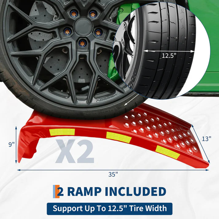 Garvee Red Set of 2 Heavy Duty Car Ramps 88.9 cm with Night Safety Reflective Strips for Home Garage and Workshop