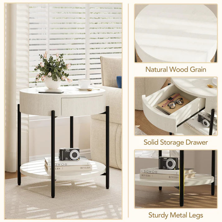 Garvee Vintage Farmhouse Round Side Table Bedside Table with Drawer and Sturdy Metal Legs Wood Accent Furniture for Living Room Bedroom and Home Office - Antique White